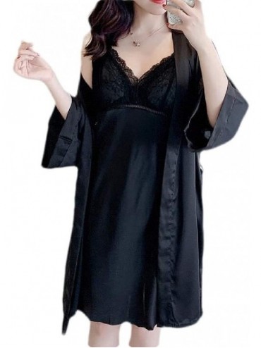 Robes Loungewear Spaghetti Strap Sleepdress 2 Pieces Outfits Satin Bath Robes - Black - CJ19CSGR0MG $66.34