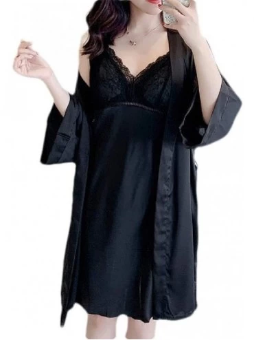 Robes Loungewear Spaghetti Strap Sleepdress 2 Pieces Outfits Satin Bath Robes - Black - CJ19CSGR0MG $62.29