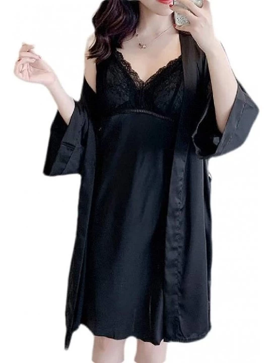 Robes Loungewear Spaghetti Strap Sleepdress 2 Pieces Outfits Satin Bath Robes - Black - CJ19CSGR0MG $38.83