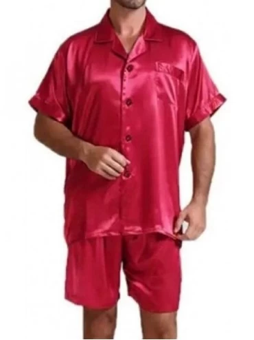 Sleep Sets Men's Casual Solid Button Up Short Sleeve Lapel Tops with Shorts Sleep Set - Red - C7199Y86G39 $29.85
