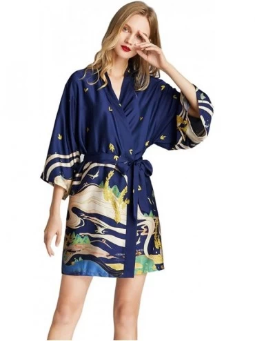 Robes Women's Bathrobes Short Satin Lace Kimono Robes Bridesmaid Sleepwear - 16 Navy - CZ197HOG30C $20.55