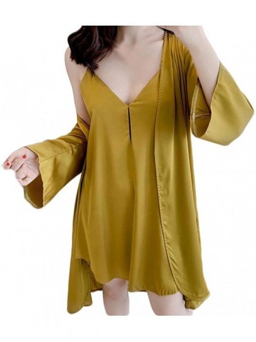 Nightgowns & Sleepshirts Women Pajamas Set Lace V-Neck Satin Robe Sling Nightgown Nightdress Sleepwear - Yellow - C21905EDYYA...