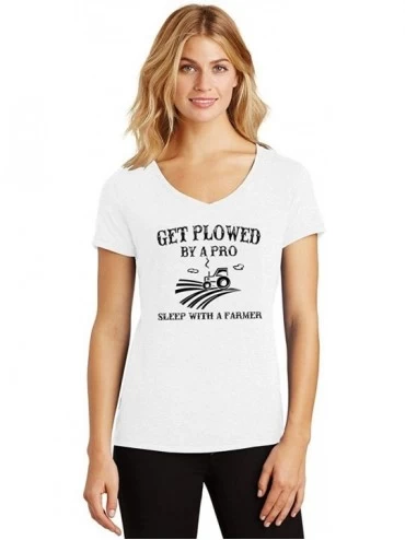 Tops Ladies Plowed by A Pro Sleep with A Farmer Triblend V-Neck - White - CB18YDZ8HGK $14.48