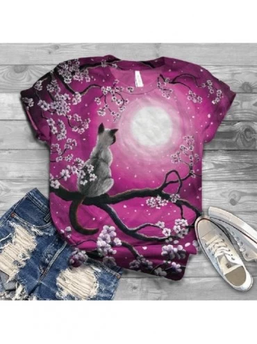 Robes Plus Size Animal Cat Print Ladies T Shirt Female Round Neck Short Sleeve Top 3D Cute Printed Tee Blouse Hot Pink - CF19...