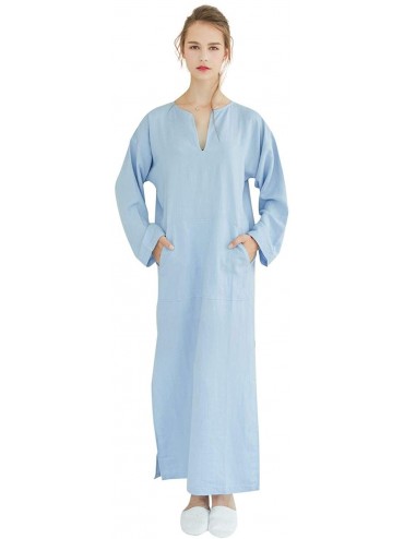 Nightgowns & Sleepshirts Women's Linen Robe Casual Kaftan Cotton Thobe V Neck Long Gown Side with Pockets Caftan - Light Blue...