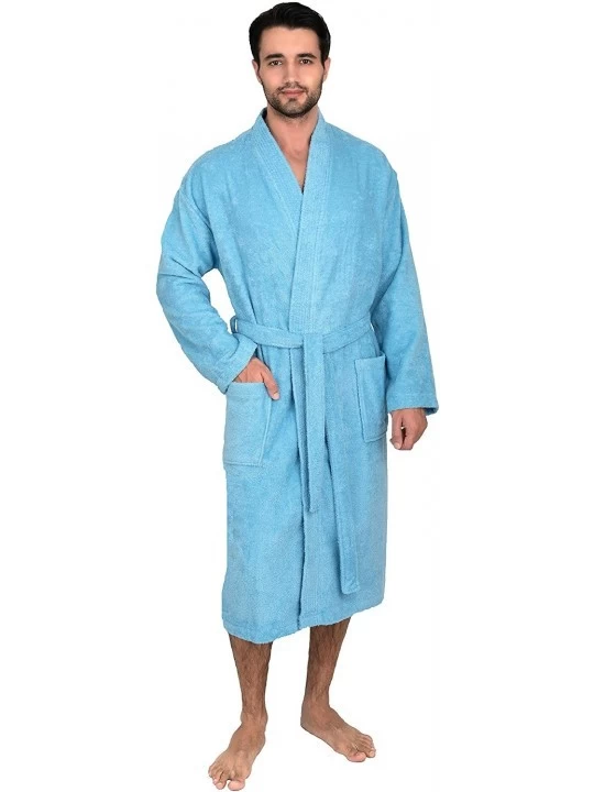 Robes Men's Robe- Turkish Cotton Terry Kimono Bathrobe - Air Blue - CB12E0RHIQ9 $26.07