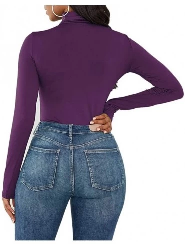 Shapewear Women's Stretchy Turtleneck Long Sleeve Bodysuit Thong Tops Solid Color Romper Leotard - Fuchsia - CF18N9YSGC4 $15.33