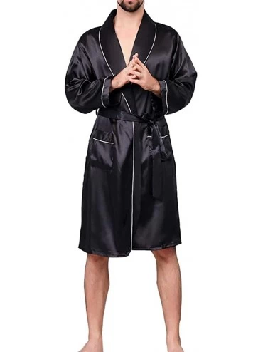 Robes Men's Summer Luxurious Printed Pajamas Long-Sleeve Thin Nightgown Soft Satin Bathrobe - Black and White - C218YS6AQZI $...