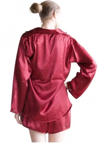 Sets Women's Satin Silk Pj Sets Long Sleeved with Shorts - Maroon - C1192Z5M37I $30.65