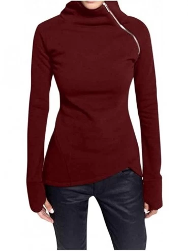 Thermal Underwear Women Casual Solid Blouse Long Sleeve Pullover Turtleneck Zipper Sweatshirt Tops - Winered - CW193ORZXUR $1...