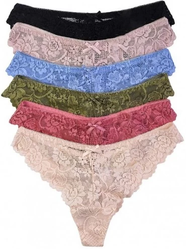 Panties Women's Pack of 6 Thongs in Multiple Styles - Floral Lace W/ Ribbon - CJ12CVONTW5 $15.63