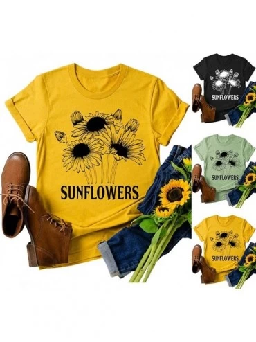 Thermal Underwear Womens Sunflower Print Tee Shirt Summer Short Sleeve O-Neck Base Tunic Blouse - Black - CO197M7KI3I $14.04