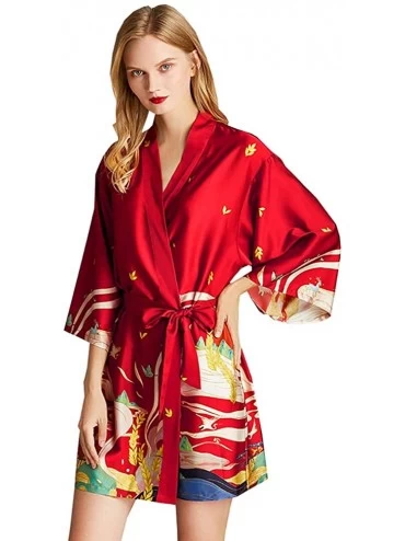 Robes Womens Printing Satin Kimono Bridesmaid Robe Silk Sleepwear Bridal Wedding Party Dressing Gown - Wine Red - CT190X95XQ0...