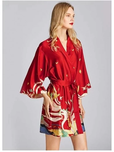 Robes Womens Printing Satin Kimono Bridesmaid Robe Silk Sleepwear Bridal Wedding Party Dressing Gown - Wine Red - CT190X95XQ0...
