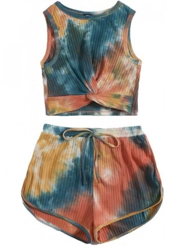 Sets Women's 2 Pieces Outfits Tie Dye Twist Front Rib Knit Crop Top and Shorts Set - Multicolored - CF19CS0K9KR $26.31