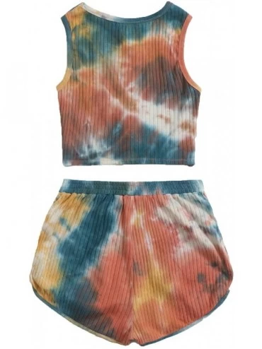 Sets Women's 2 Pieces Outfits Tie Dye Twist Front Rib Knit Crop Top and Shorts Set - Multicolored - CF19CS0K9KR $26.31