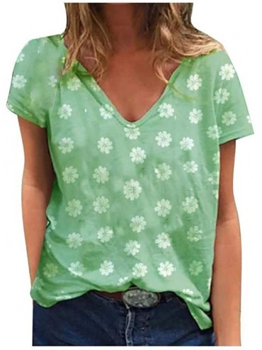 Thermal Underwear Women's Casual V Neck T-Shirt Short Sleeve Daisy Print Plain Tee Shirts - Green - CT19C6ZTCM0 $29.31