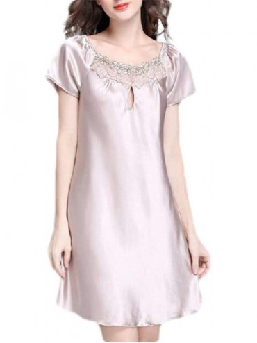 Nightgowns & Sleepshirts Women's Satin Sleepwear Short Sleeve Summer Nightgown Sleep Dress - Camel - CI19DDXN25U $40.56