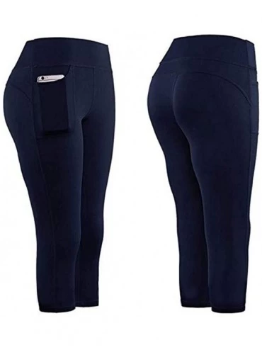 Slips Yoga Leggings with Pockets for Women High Waist Tummy Control Yoga Pants Capris Workout Leggings Shorts - Navy 1 - CL19...