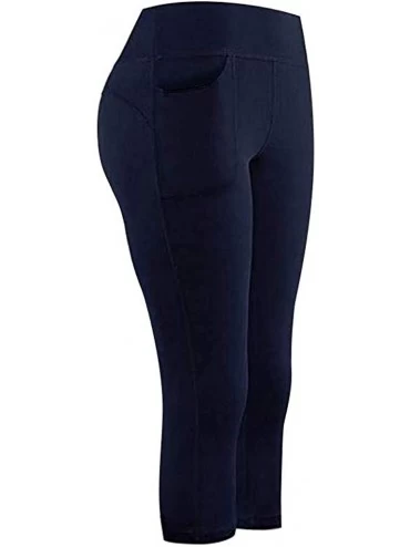 Slips Yoga Leggings with Pockets for Women High Waist Tummy Control Yoga Pants Capris Workout Leggings Shorts - Navy 1 - CL19...