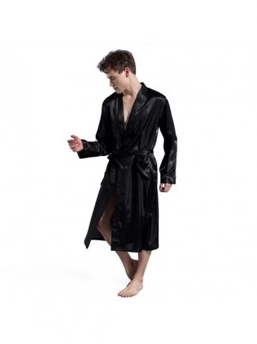 Sleep Sets Men Simulation Silk Sleepwear Long Section Long Sleeves Nightwear Home Service Thin Pajamas - Black - C618TKE02Z0 ...