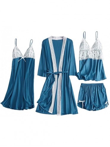 Accessories 4Pcs Women's Silk Satin Bathrobe Pajamas Nightgown Kimono Lace Sleepwear Babydoll Nightdress with Shorts Sets - B...