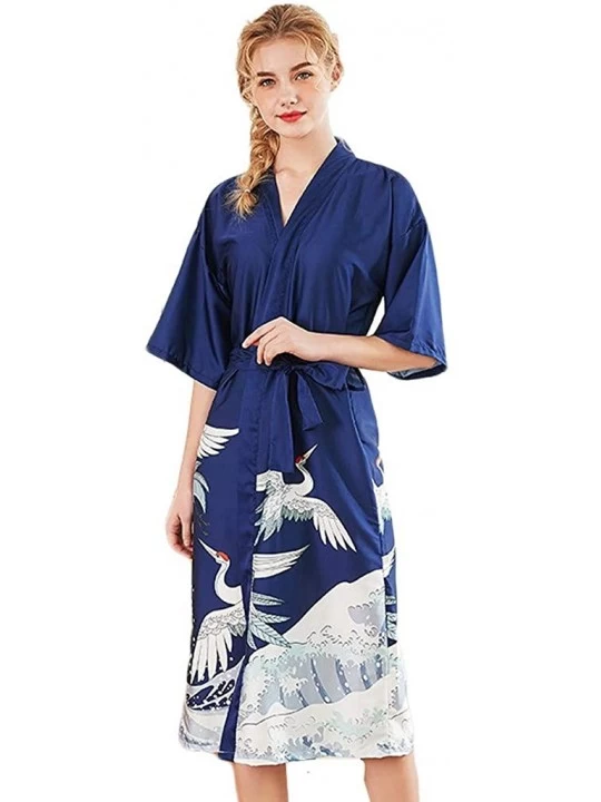 Garters & Garter Belts Women Lingerie Sexy Long Silk Kimono Dressing Gown Babydoll Lace Bath Robe with Belt - Z07-navy - CT19...