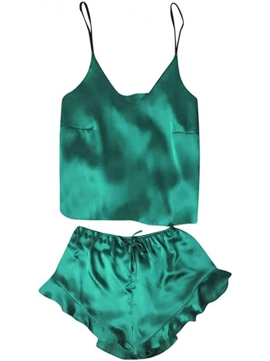 Thermal Underwear Women Sleepwear Sleeveless Strap Nightwear Lace Trim Satin Cami Top Pajama Sets - A-green - CX18U8OY9MT $21.98