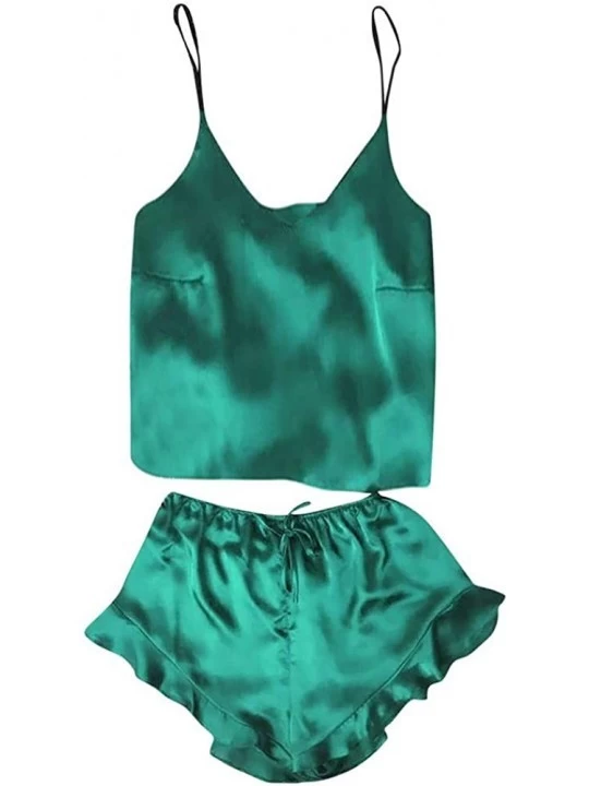 Thermal Underwear Women Sleepwear Sleeveless Strap Nightwear Lace Trim Satin Cami Top Pajama Sets - A-green - CX18U8OY9MT $11.76