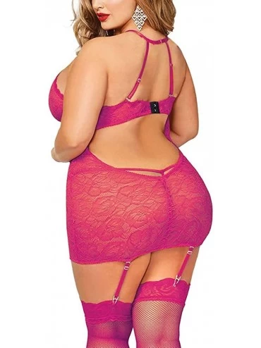 Thermal Underwear Women Sexy Halter Plus Size Lace Lingerie Keyhole Babydoll Chemise with Garters - Hot Pink - C8195U3CHII $1...