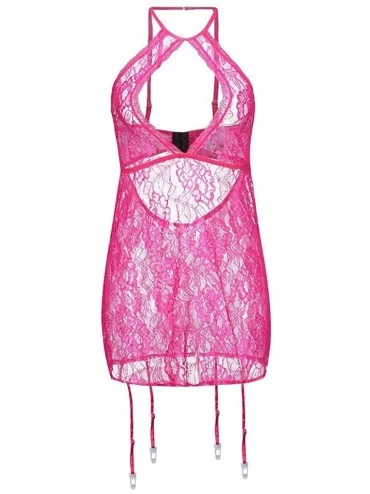 Thermal Underwear Women Sexy Halter Plus Size Lace Lingerie Keyhole Babydoll Chemise with Garters - Hot Pink - C8195U3CHII $1...