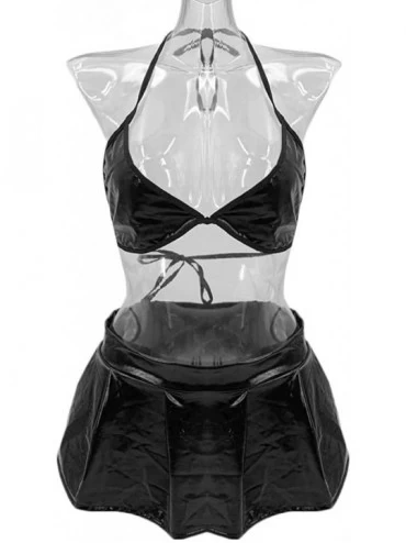 Nightgowns & Sleepshirts Women Pu Leather Plus Size Bra Underwear Mini Skirt Black Lingerie Set M-4XL - Black - CU192AZNIS3 $...