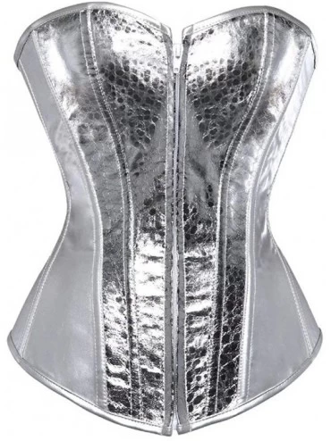 Bustiers & Corsets Faux Leather Corset Punk Burlesque Clubwear Showgirl Dress Top Overbust Boned Bustier - Silver - CL12H3E3J...