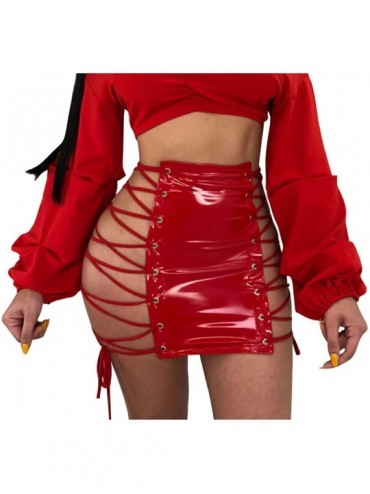 Nightgowns & Sleepshirts Women's Sexy PU Leather Bodycon Clubwear Mini Dress Nightclub Skirt - Red - CJ18N0U9COY $39.35