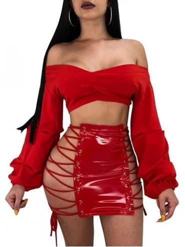 Nightgowns & Sleepshirts Women's Sexy PU Leather Bodycon Clubwear Mini Dress Nightclub Skirt - Red - CJ18N0U9COY $18.09