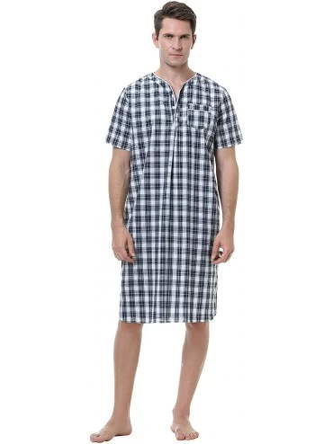 Sleep Tops Men's Nightshirt Short Sleeve Henley Kaftan Sleepshirt Comfy Plaid Nightwear with Pocket - Plaid-blue - C1190X5CZD...