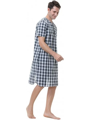Sleep Tops Men's Nightshirt Short Sleeve Henley Kaftan Sleepshirt Comfy Plaid Nightwear with Pocket - Plaid-blue - C1190X5CZD...