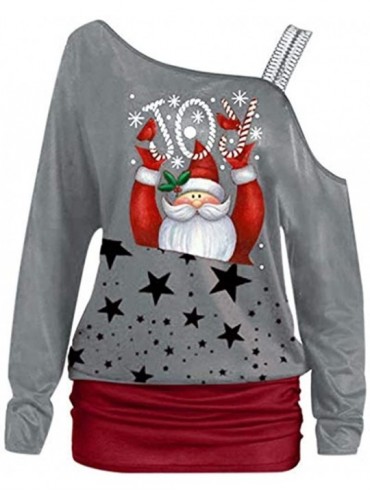 Tops Christmas Tops Women Fashion Off Shoulder Santa Claus Printed Long Sleeves T Shirts - Gray - CC18ARL9RHN $31.79