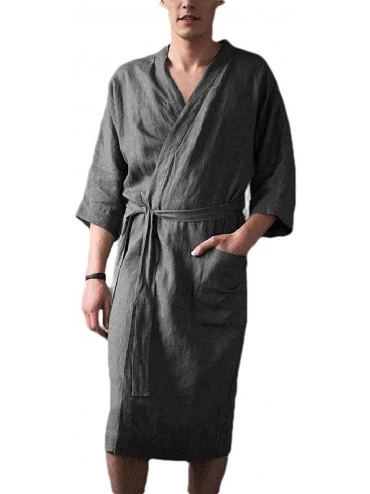 Robes Mens Hotel Cotton Linen Plus-Size Solid Color Ankle-Length Soft Casual Lounge Robe - Grey - CW19CACZ5ET $40.62