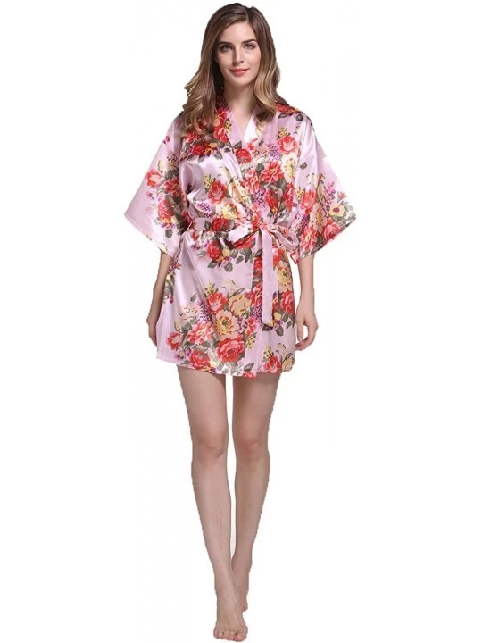 Nightgowns & Sleepshirts Short Robe Kimono - Floral Bouquets- Pink - CY18GIYWEEZ $17.38