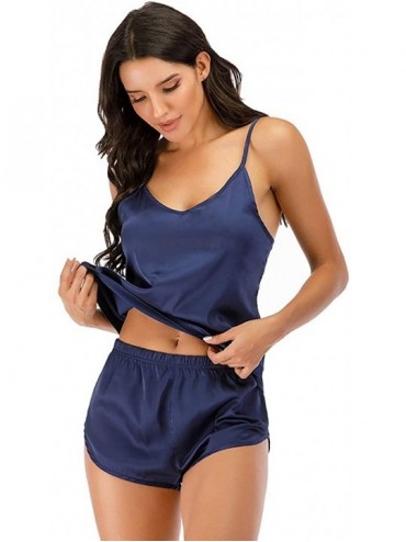 Sets Womens Pajama Set Sexy Lingerie Satin Sleepwear Cami Shorts Set Nightwear SQW0018 - Navy - CO19COMY9KA $36.23