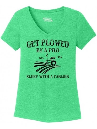 Tops Ladies Plowed by A Pro Sleep with A Farmer Triblend V-Neck - Green Frost - CO18YCW4XYU $29.94