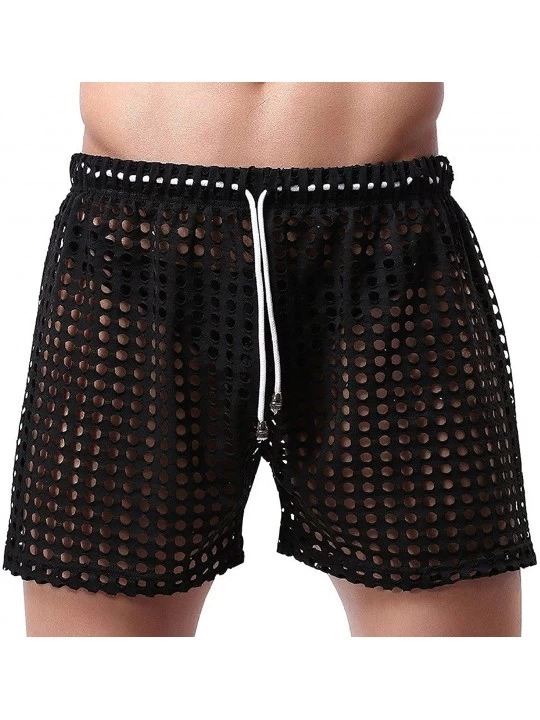 Boxers US Mens Hollow Openwork Drawstring Lounge Underwear Boxer Shorts - Black - CH182ZKHRMZ $20.36