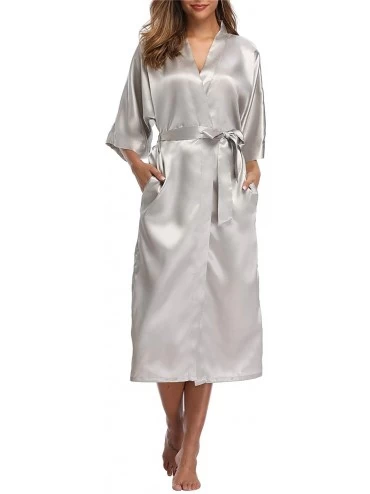 Robes Women's Satin Robes Pure Color Long Kimono Bathrobes Soft Nightgown - Gray - CJ18O2D8XMZ $24.42