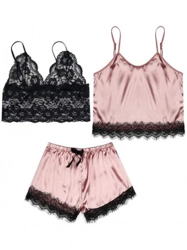 Sets Women's Sexy Satin Cami and Shorts Lace Nightwear 3 Piece Sleepwear Pajamas Set - Pink - CR19CACTLGO $33.96
