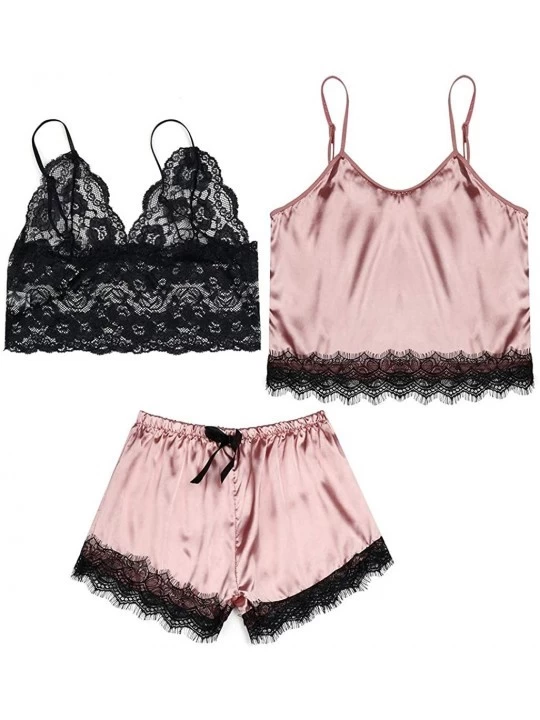 Sets Women's Sexy Satin Cami and Shorts Lace Nightwear 3 Piece Sleepwear Pajamas Set - Pink - CR19CACTLGO $14.23