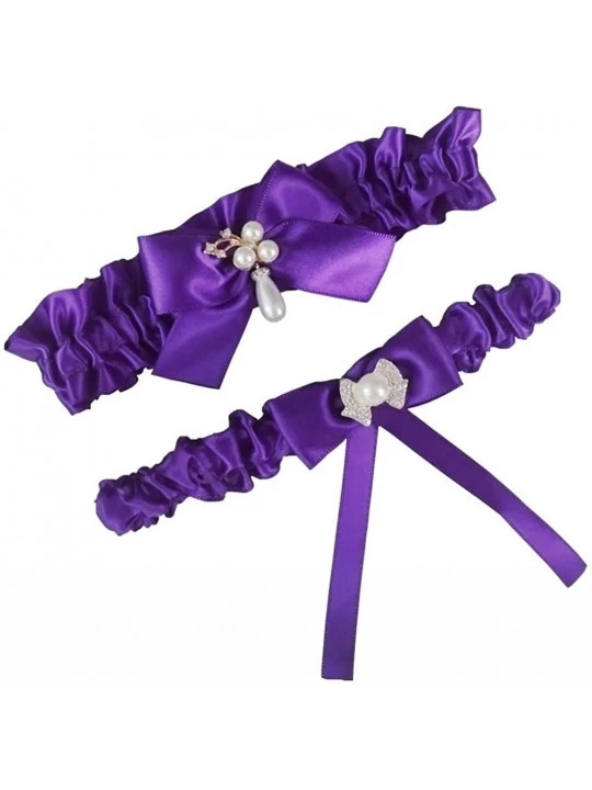 Garters & Garter Belts Women's Satin Bridal Garters Wedding Garters with Bow - Purple 2 - CL186ZTSR5D $14.22