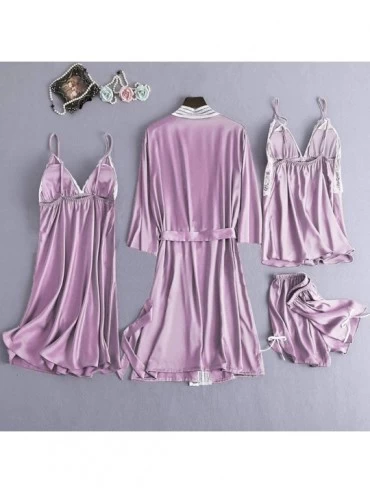 Sets Sexy Pajamas for Women Silky Sets 4 Piece Satin Pajama Set with Robe Soft Lace Lingerie Nightwear Loungewear - A-purple ...