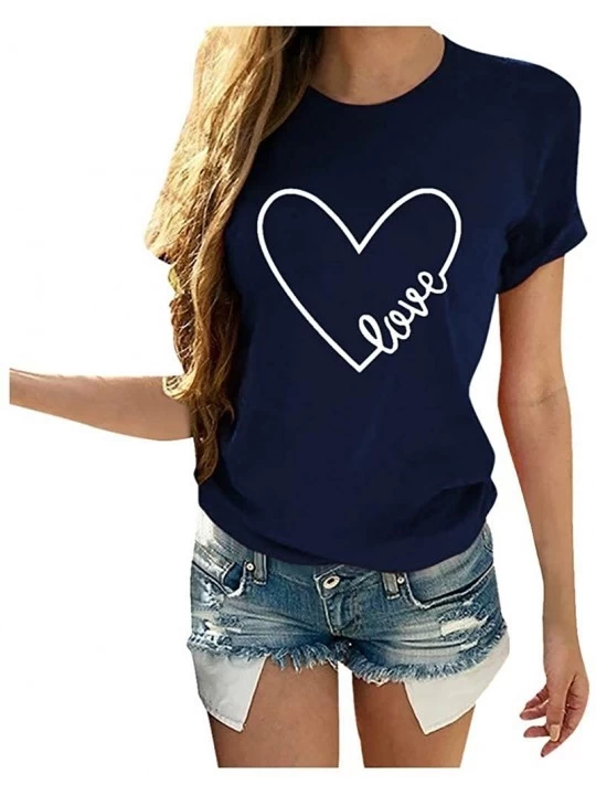 Panties Women's Tops Short Sleeve Tunic Valentine's Day Casual O Neck Letter Print Heart-shaped Blouse T-shirt - Navy - C9194...