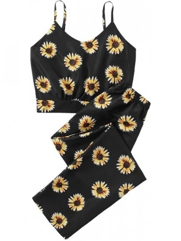 Sets Women's Cami Top Pajamas Sets Sunflower Print Spaghetti Strap Sleeveless PJ Loungewear Black Large - CO194CANKXI $35.64